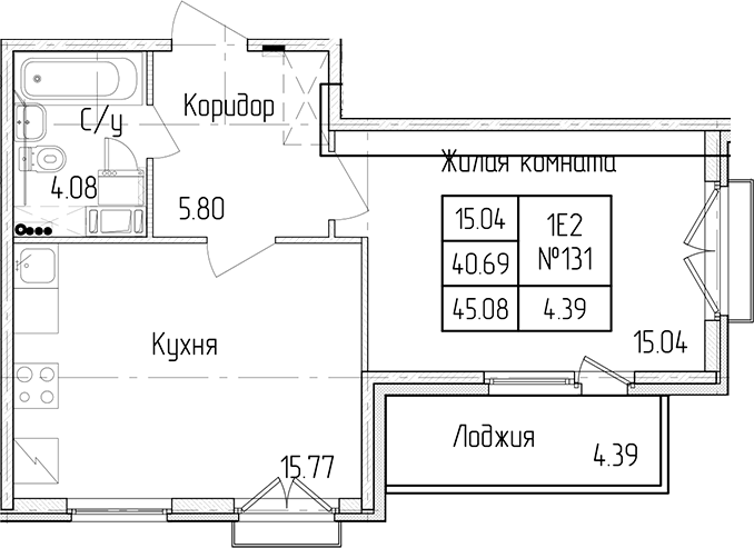 1-комнатная квартира 40.69 м², 3/4 эт., ЖК «Любоград в Стрельне»